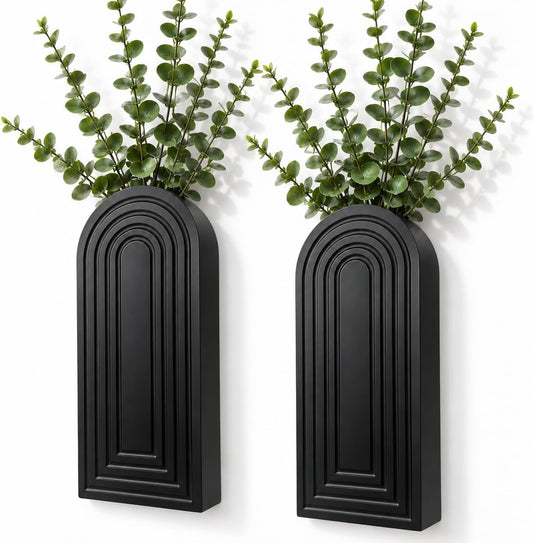 2 Pack Wooden Wall Vase Set - Boho & Modern Farmhouse Wall Decor, Hanging Planter for Indoor Plants & Flowers, Wood Mounted Art for Living Room, Bathroom, Hallway, Home Decor (Black, Medium)