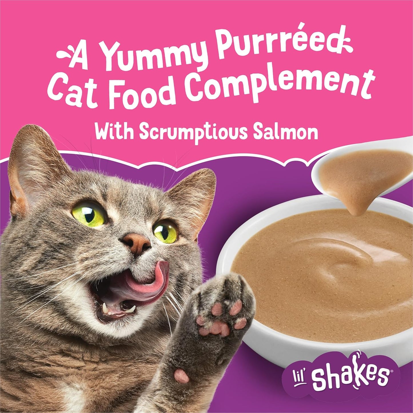 Purina Friskies Pureed Cat Food Topper, Lil’ Shakes with Scrumptious Salmon Lickable Cat Treats - (Pack of 16) 1.55 Oz. Pouches