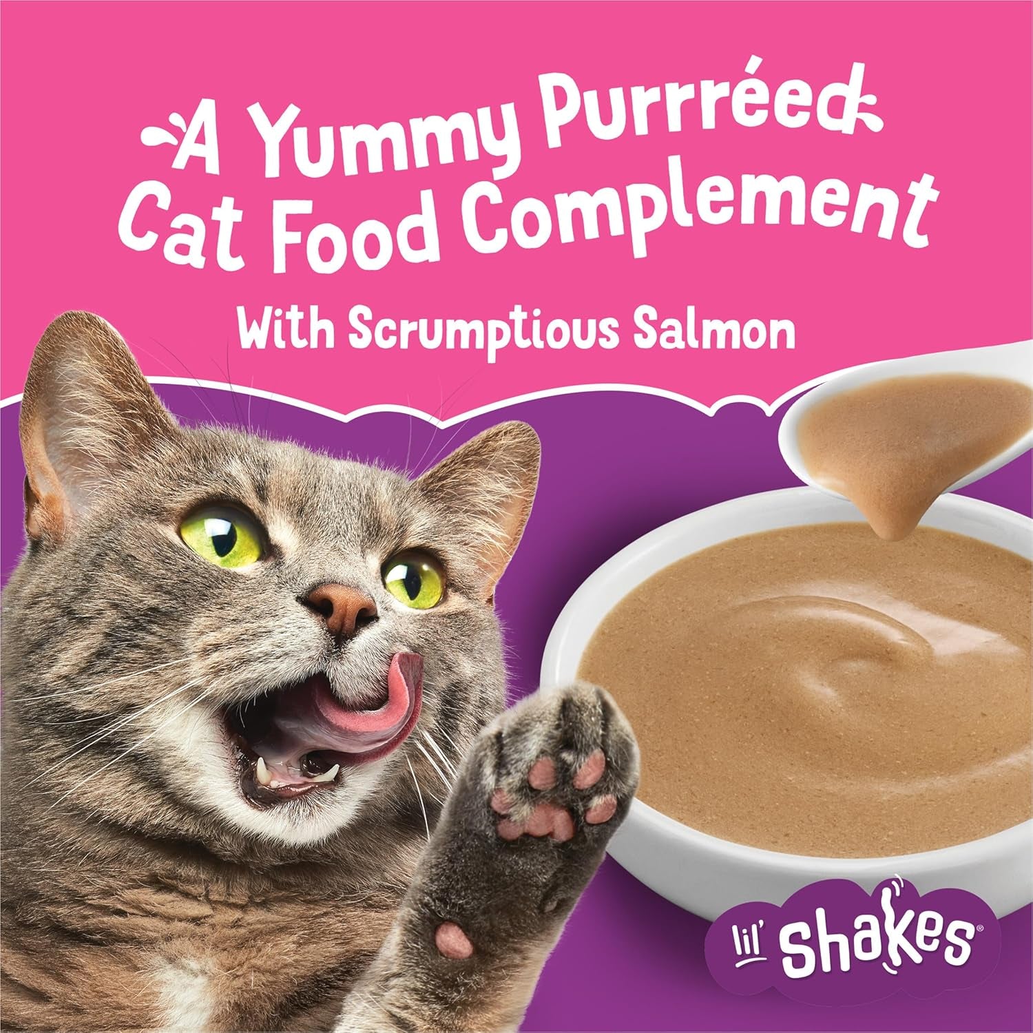 Purina Friskies Pureed Cat Food Topper, Lil’ Shakes with Scrumptious Salmon Lickable Cat Treats - (Pack of 16) 1.55 Oz. Pouches