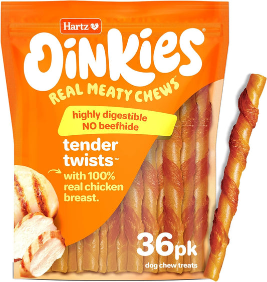 Hartz Oinkies Tender Twists Rawhide‑Free Dog Chews with Real Chicken Breast, Highly Digestible, Long‑Lasting Treats, 36 Count