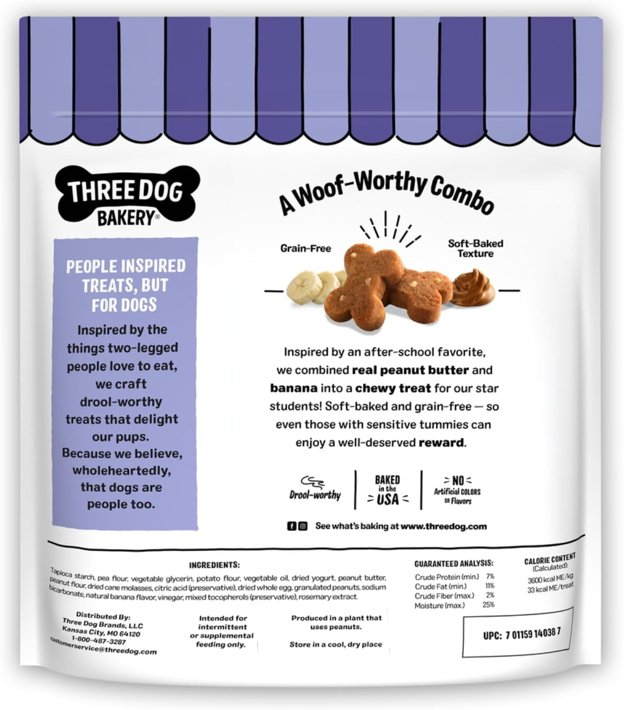 Three Dog Bakery Grain-Free “Woof”Ers, Peanut Butter & Banana Flavor – Grain-Free Dog Treat, Cookies for Dog Training Treats, Puppy Treats with Real Ingredients