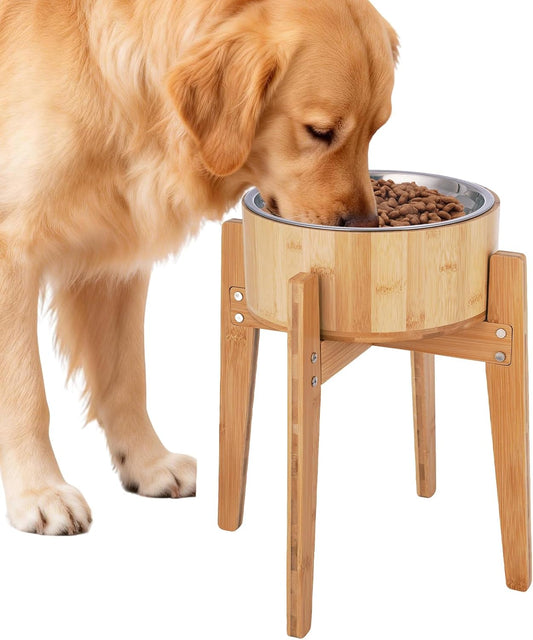 Elevated Dog Bowls for Large Dogs Feeder Two Bowls with a Stainless Steel and Bamboo Dishes，Raised Dog Bowl Stand with Non-Slip Feet，Ideal for Medium and Large Breeds， (13.5-Inch High)