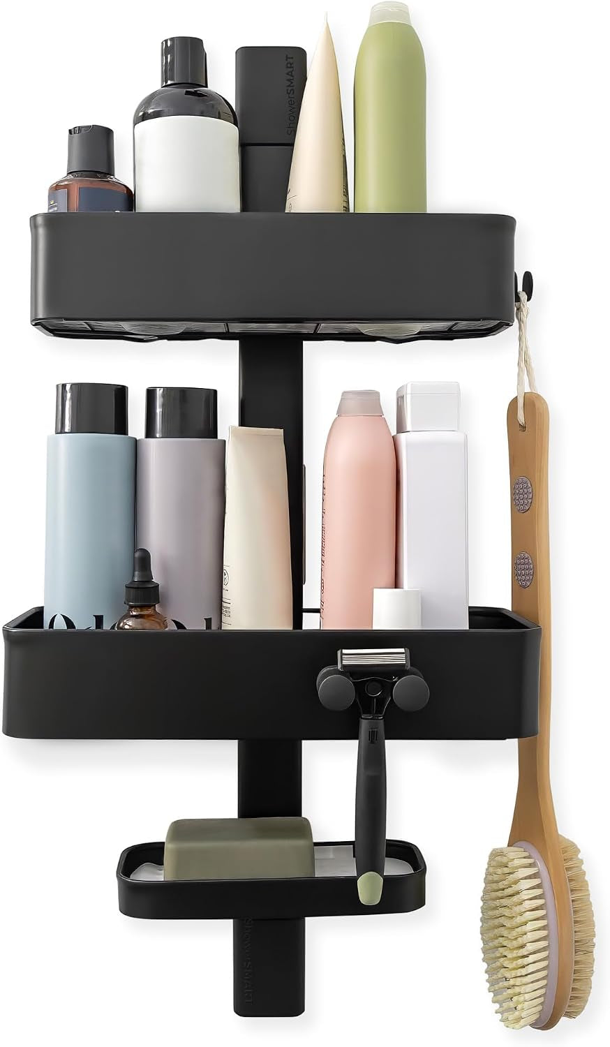 Shower Caddy, Adjustable Shelves, Magnetic Hooks, Black