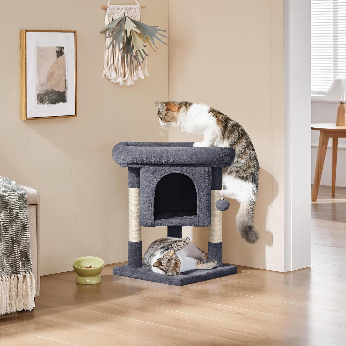 Yaheetech 23.5In Cat Tree – Sturdy & Stable, Space-Saving 3-Level Cat Tower with Plush Perch, Condo, Sisal Scratching Posts & Dangling Ball, Perfect for Apartments, Dark Gray