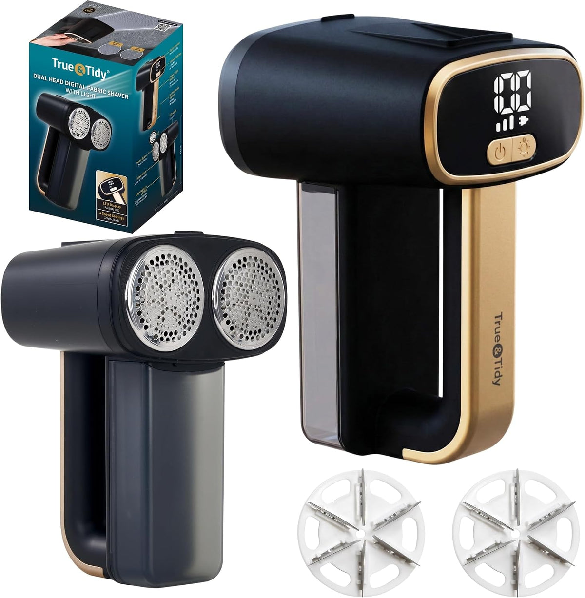 True & Tidy Dual-Head Fabric Shaver with 3-Speed Turbo Power, Rechargeable Lint & Pill Remover for Couches, Upholstery, Furniture, Clothing & Blankets, Built-In LED Light