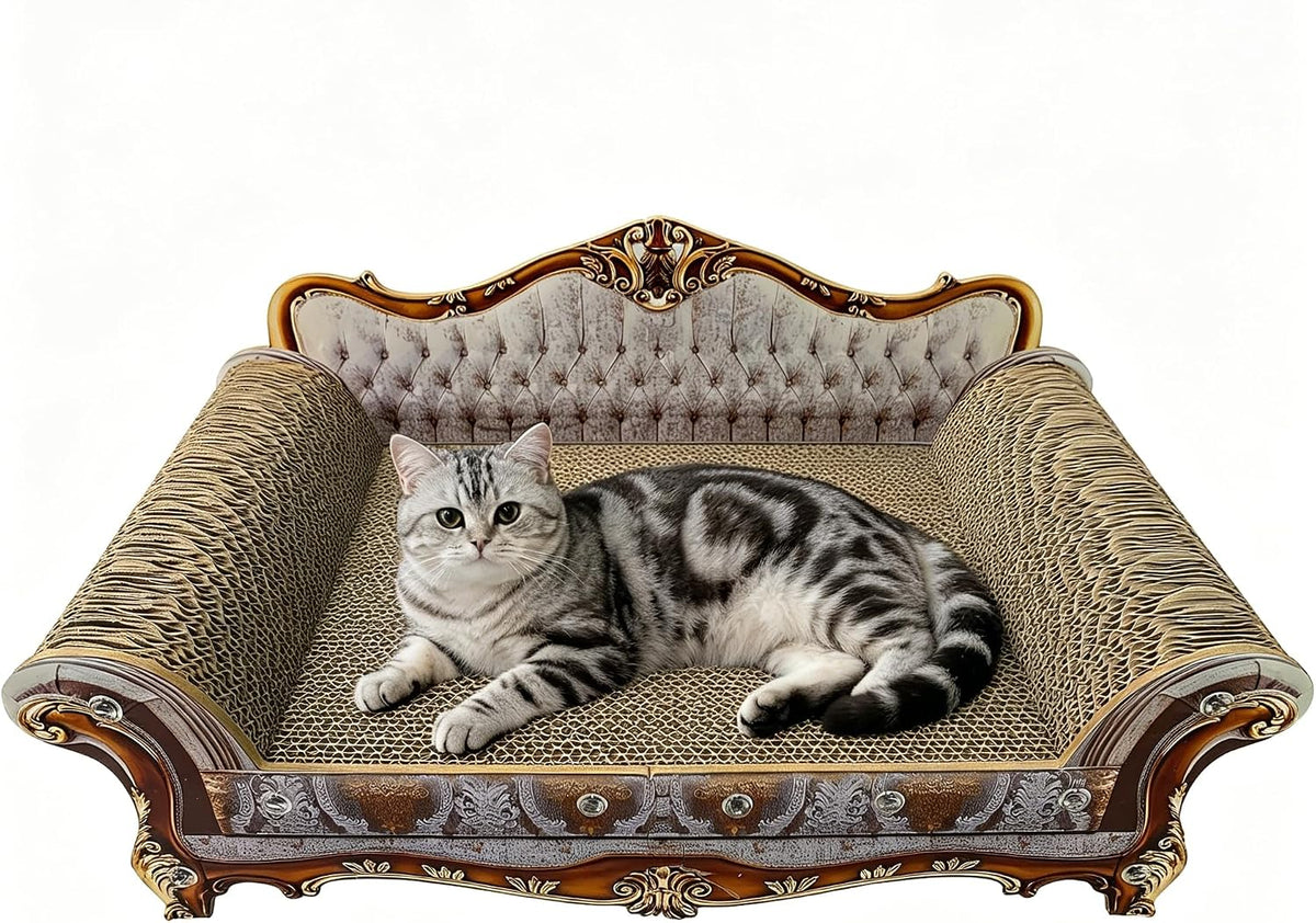 Luxury Couch Shaped Cardboard Cat Scratcher Sofa Bed, Cat Scratching Board, Scratch Lounge with Catnip, Scratcher for Indoor Cats Kittens Kitties Grey