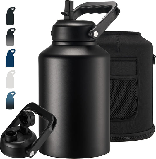 Fijinhom Insulated Gallon Jug, Large 128Oz Stainless Steel Insulated Water Bottles with Handle, Double-Wall Vacuum Insulation for Construction Sites, Camping and Hiking, Bag,Black