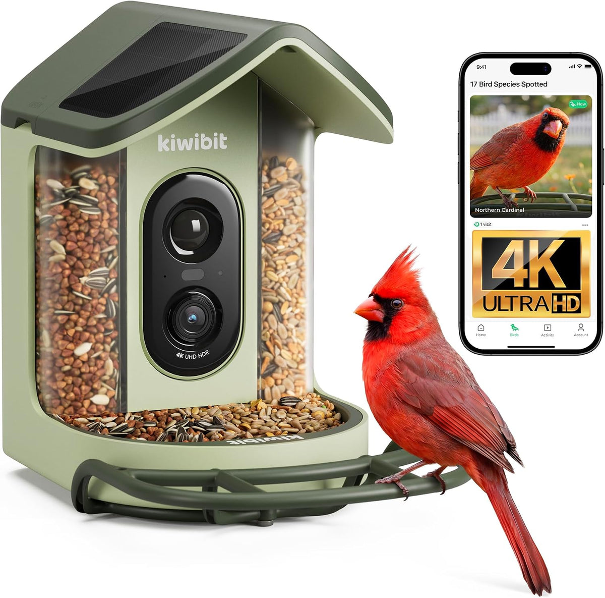 Kiwibit Solar Powered Smart Bird Feeder with Camera 2 Mini, 4K Live Stream