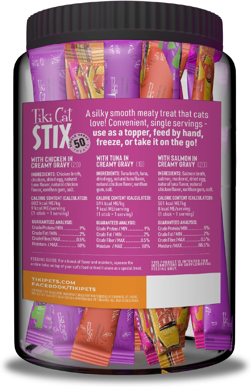 Tiki Cat Stix Mousse Treats, Variety Mega Jar, Single Serve Indulgent Lickable Treat or Dry Food Topper, 50 Count, 25 Oz. (0.5 Oz./Stick)