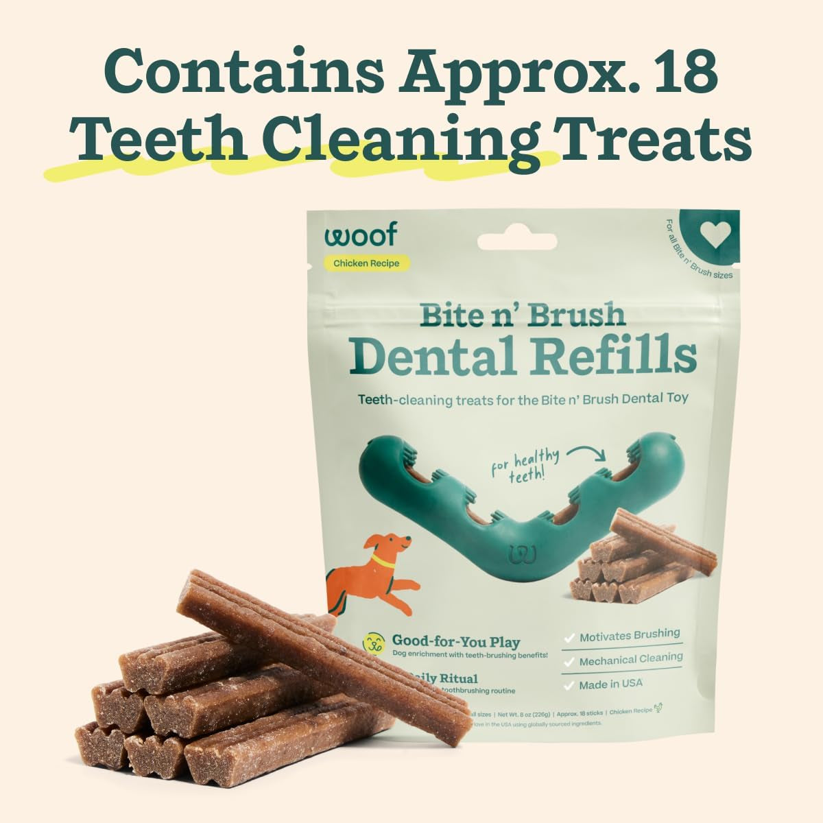 WOOF - Bite N' Brush Refills Treats for the Dog Toothbrush Toy - Scrub Plaque and Tartar from Your Dog'S Teeth and Mouth - Dog Dental Sticks - 18 Refills - Chicken