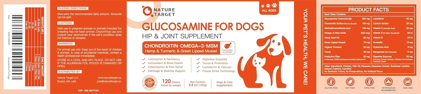 NATURE TARGET Glucosamine Joint Supplement for Dogs, Chondroitin, Omega-3, MSM, Hemp, Turmeric for Pain Relief, Dog Joint Supplement with Calcium for Bone Health, 120 Chicken Flavored Crunchy Chews