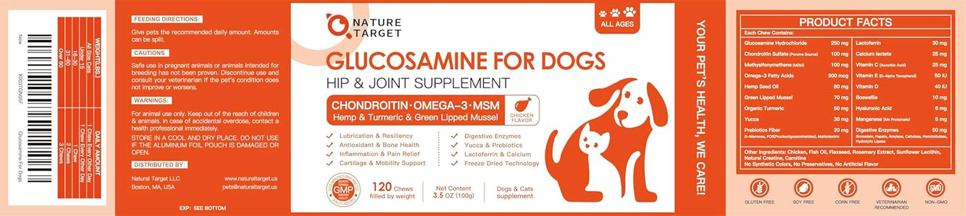NATURE TARGET Glucosamine Joint Supplement for Dogs, Chondroitin, Omega-3, MSM, Hemp, Turmeric for Pain Relief, Dog Joint Supplement with Calcium for Bone Health, 120 Chicken Flavored Crunchy Chews