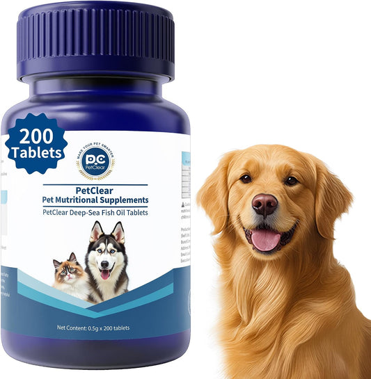 Dog Fish Oil Supplements, 200 Tablets, with Salmon Oil, Vitamins A, D3, E, Support Shiny Coat, Itching and Dry Skin, Reduce Shedding, Support Heart Health (1 Bottle)