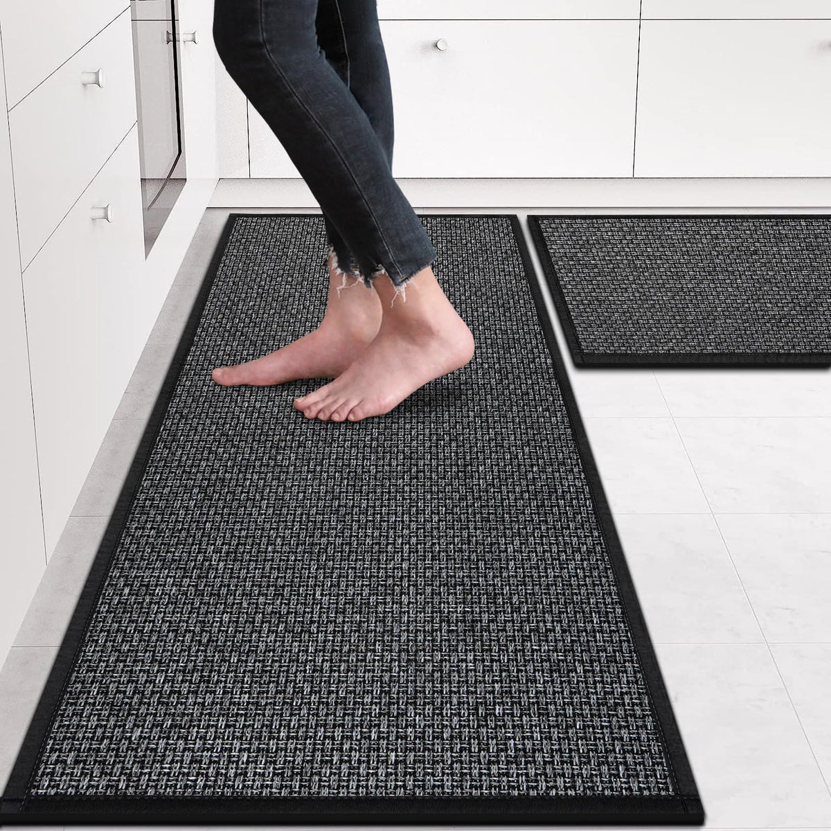 Eqivei Kitchen Rugs Non Skid Washable Set of 2 PCS, Absorbent Runner Rugs for Kitchen, Farmhouse Weave Floor Mats in Front of Sink, 17.3"X 47"+17.3"X 29" (Inky)
