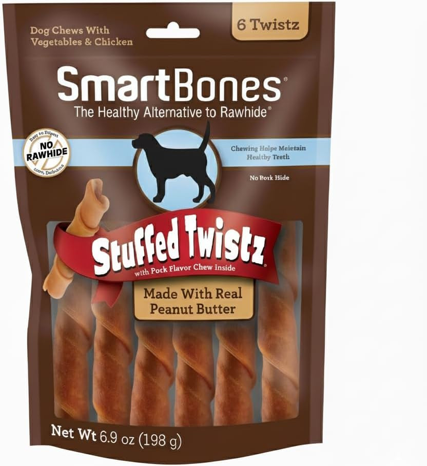 Smartbones Stuffed Twistz with Peanut Butter, Rawhide-Free Chews for Dogs Stuffed with Pork Flavor, 6 Twistz