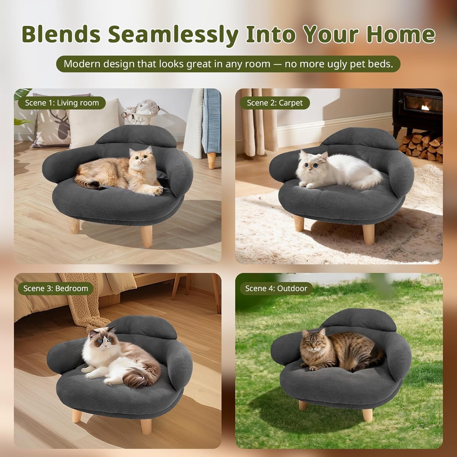Cat Sofa Furniture-Style Pet Bed with Removable Cotton Velvet Cover, Solid Pine Wood Legs, for Cats and Small Dogs, Gray