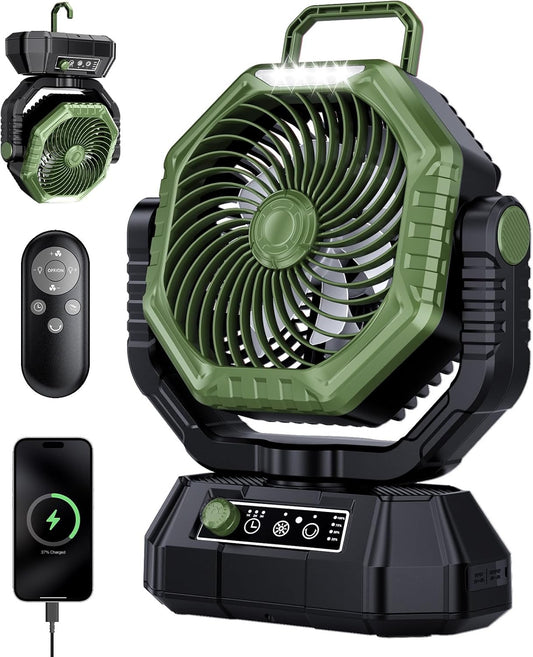AJVV Camping Fan, Oscillating Battery Powered Portable Rechargeable Hanging Tent Fan with Light and Remote for Camp, Outdoor, Emergency Power Outage, Fishing, RV Travel (Green)