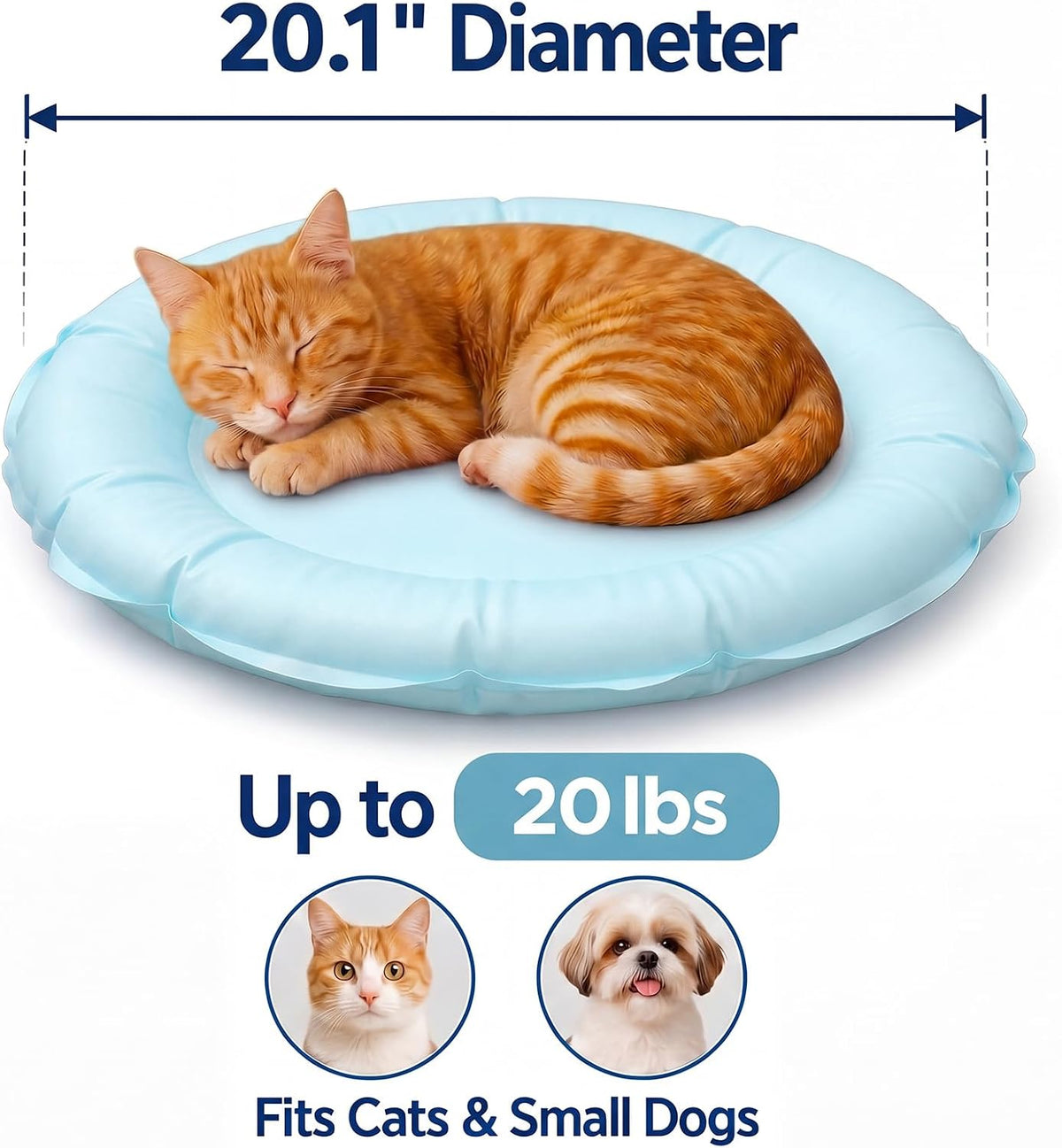 Drydiet Light Blue Cooling Bed Mat for Cats, Small Dogs, Small Pets, 20.1'' X 20.1'' Thickened round Pad Anti-Grab Internal Gel without Water Filling, Lightweight, Washable, Playmat for Indoor/Outdoor