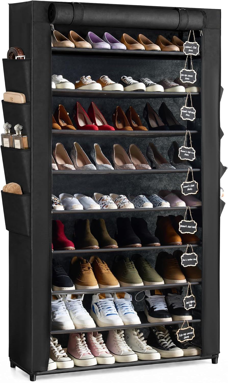 Revohome Shoe Rack with Cover, 10 Tier Shoe Organizer for Closet, Holds 55 Pairs, Vertical Space Saving Shoe Storage Shelf with 8 Side Pockets & Chalkboard Labels for Entryway, Bedroom, Dorm