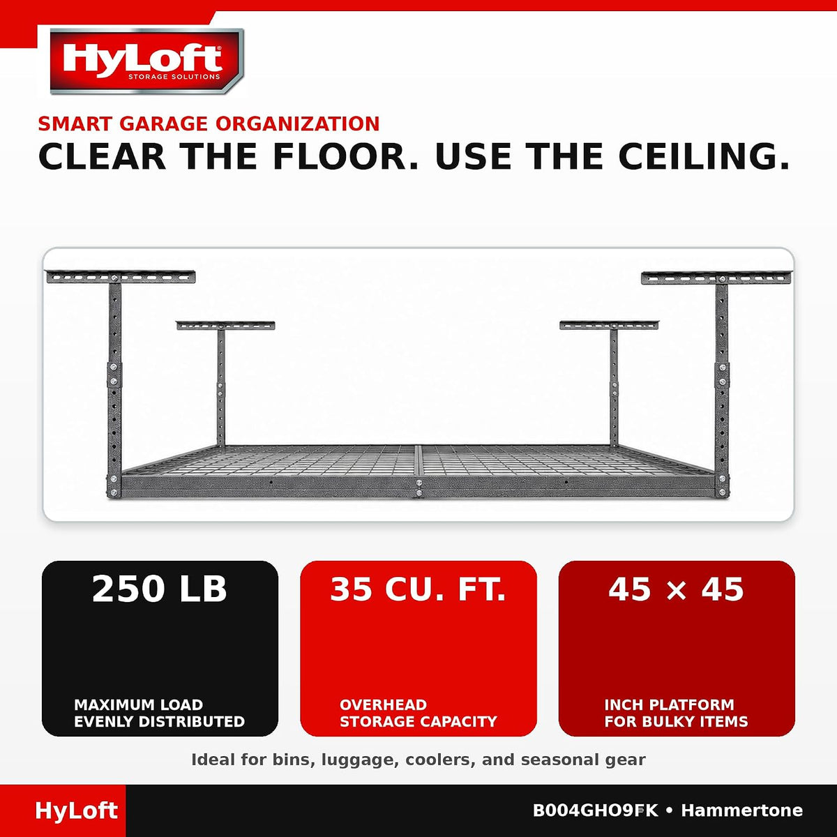 Hyloft Overhead Steel Garage Storage System, Ceiling Rack, 45-Inch X 45-Inch, 00625, Hammertone