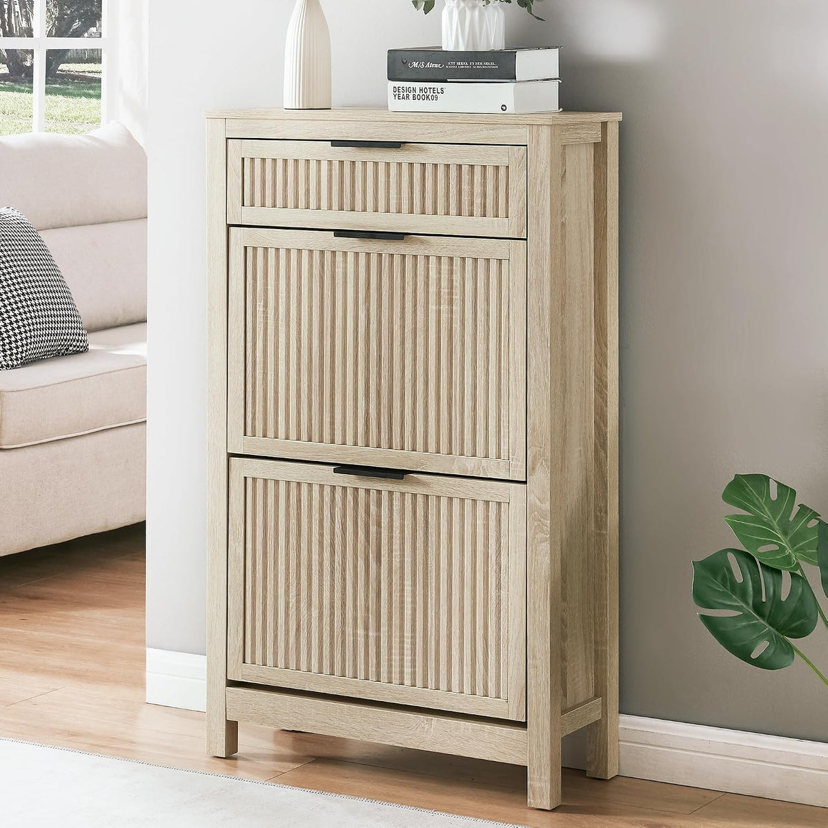 2-Flip Drawer Shoe Cabinet Narrow Entryway Rack, Oak