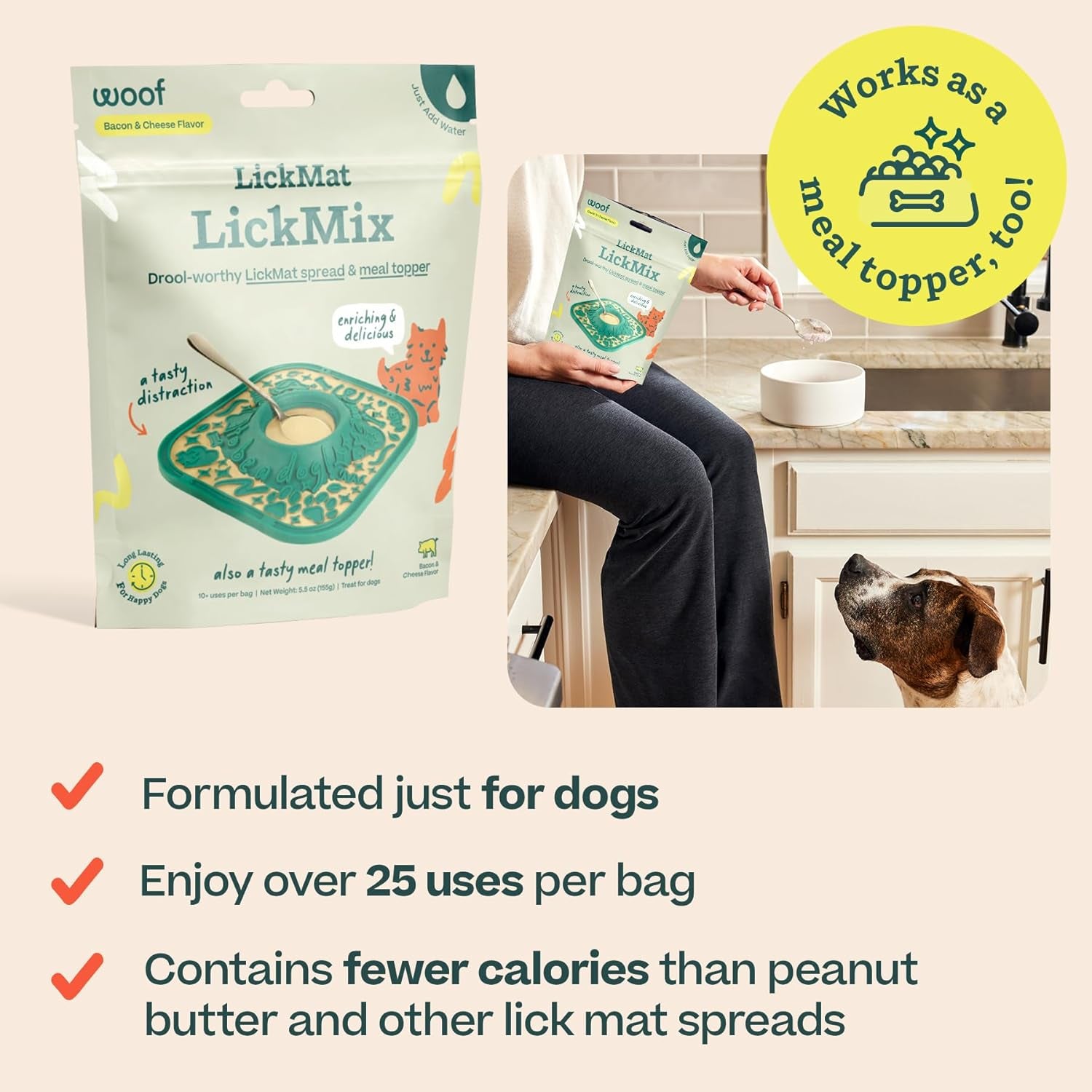 WOOF Lickmixes - Dog Lick Mat Spread and Meal Topper - Delicious and Lower Calorie - Made with Wholesome Ingredients - Perfect for Dog Enrichment - Bacon & Cheese