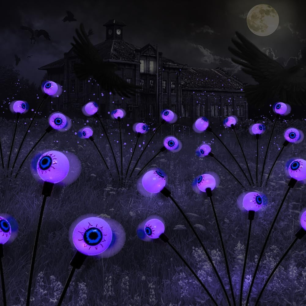 2PACK Scary Eyeballs Solar Garden Light Halloween Decorations Outdoor,Swaying Firefly with 12LED Purple Spooky Eyes Lights-Waterproof Ornaments Solar Halloween Lights for Lawn, Patio, Party Decor