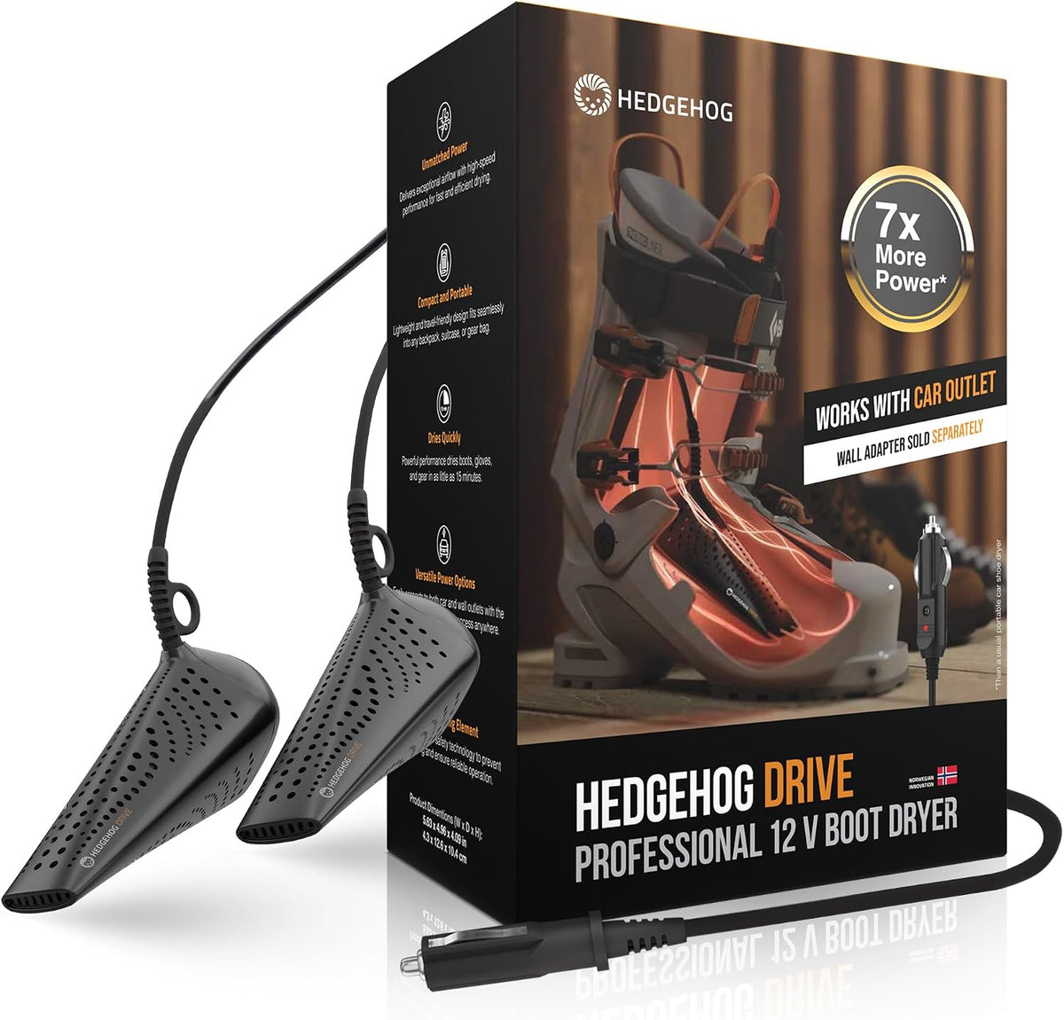 Hedgehog DRIVE Portable Shoe Dryer – Boot Dryer for Work Boots with Dual 12V AC/DC Power – Compact Ski Boot Dryer, 80W Heat, Fast Drying in 15 to 45 Min, Lightweight Electric Gear Dryer
