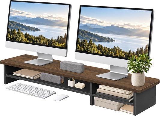 Dual Monitor Stand Riser for Desk with Large Storage Shelf, Walnut