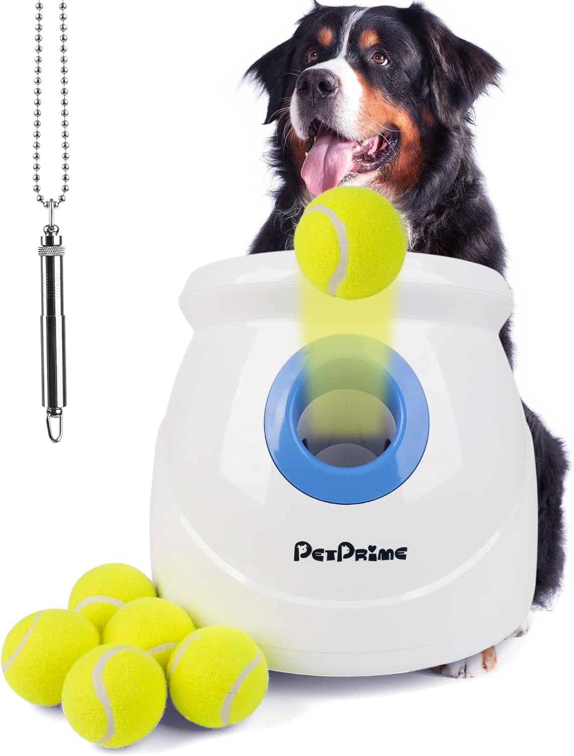 Pet Prime Dog Automatic Ball Launcher for Large Dogs Ball Thrower Machine Outdoor Indoor Use Interactive Dog Toy Adjustable Distance 10-40Ft - Included 6 PCS 2.5” Tennis Balls and a Whistle