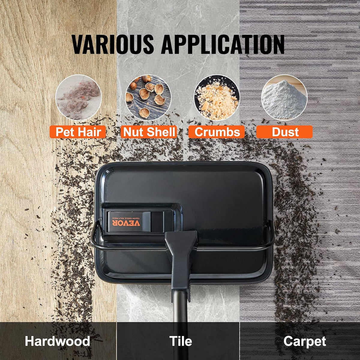 VEVOR Carpet Sweeper Manual, Floor Sweeper with 300 Ml Dustbin Capacity Easy to Empty, for Home Office Carpets Pet Hair Dust, Black