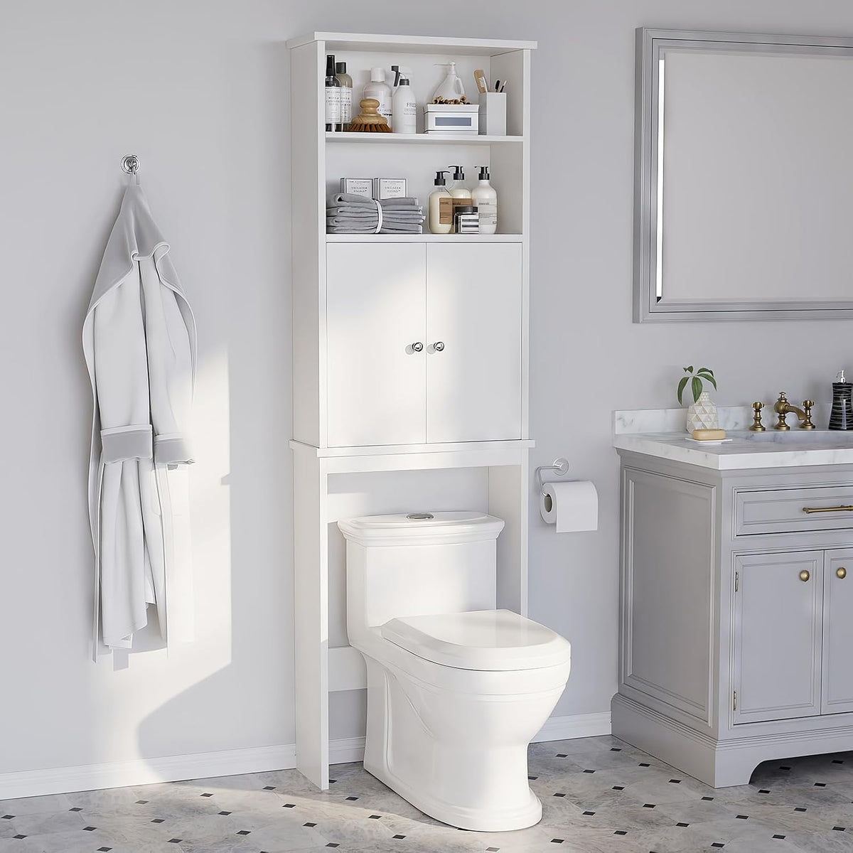 Over the Toilet Storage Cabinet for Bathroom, Extra Tall over Toilet Storage, Space Saver W/Adjustable Shelf & Open Storage Shelf, 75In, White