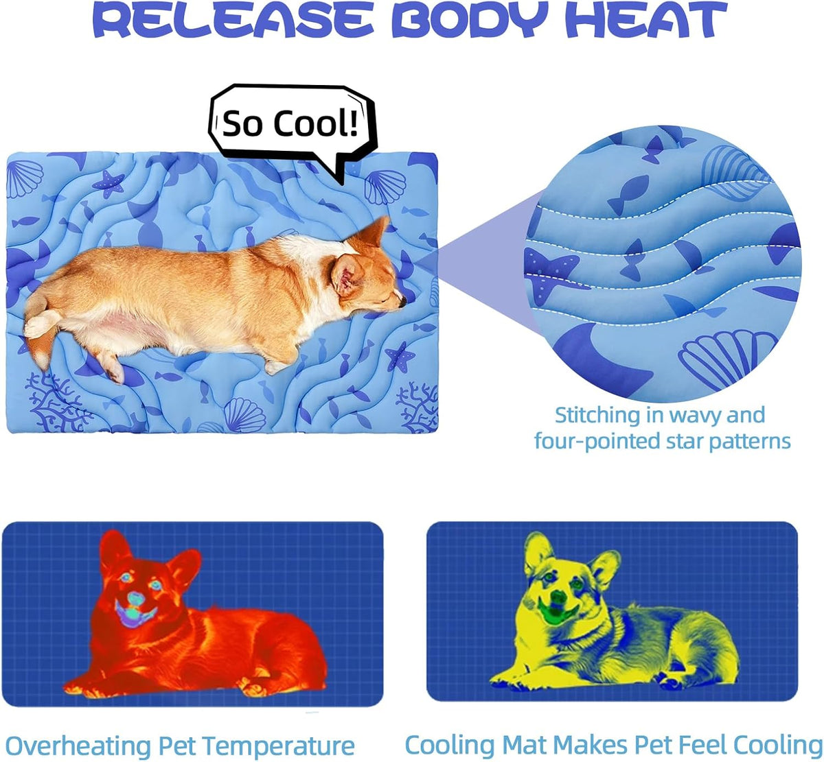 PAWCHIE Summer Dog Cooling Mat, Reversible Self-Cooling Mat for Large Dogs, Washable Pet Ice Cool Pad Blanket, Pet Sleeping Pad for Crate, Bed, Indoor & Outdoor Floor, Car Seats, Blue 48'' X 28''