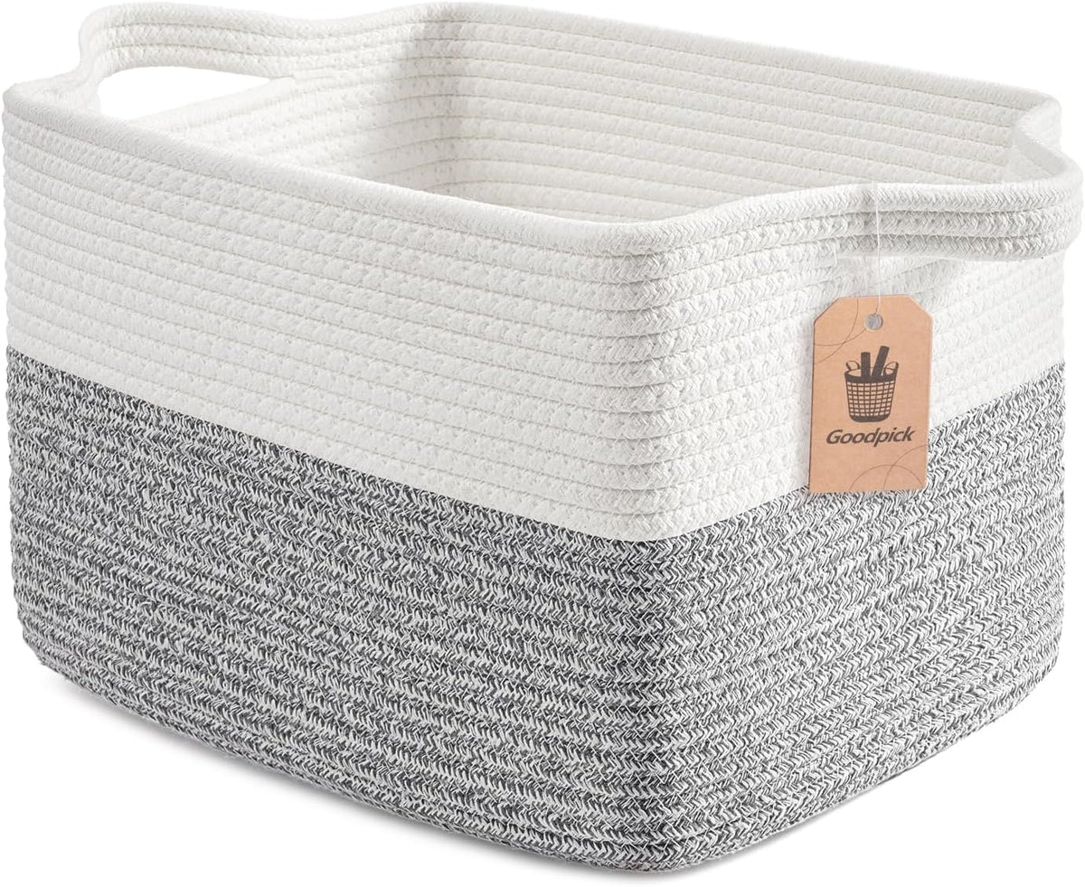 Goodpick Woven Storage Basket for Shelves, 13" X 10" X 9", Gray & White
