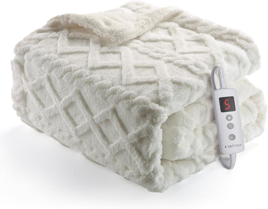 CAROMIO Heated Throw Blanket - Thick Tufted Sherpa Electric Blanket Throw with 10 Heating Levels and 10 Time Settings, ETL Certified Machine Washable Fast Heating Blanket Throw 50"×60", off White