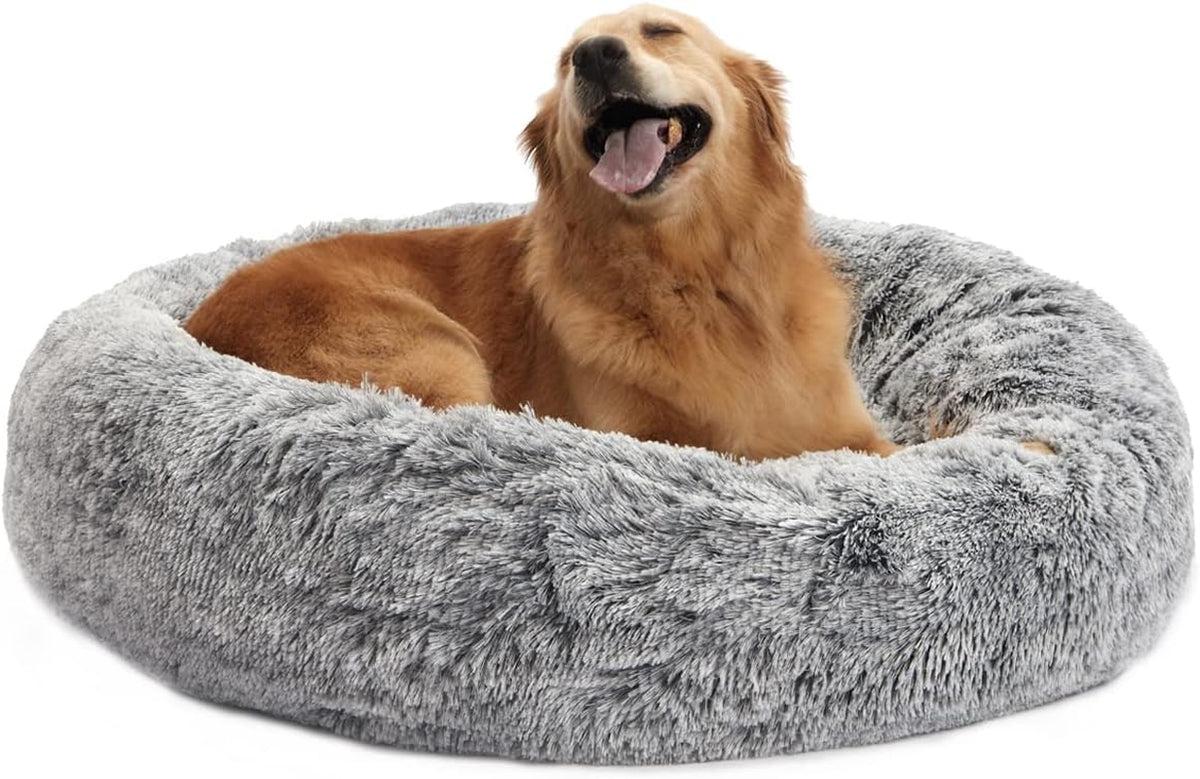 Bedfolks Calming Fluffy Donut Dog Bed for Large Dogs,Dark Grey, 36" Round