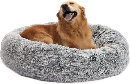 Bedfolks Calming Fluffy Donut Dog Bed for Large Dogs,Dark Grey, 36" Round