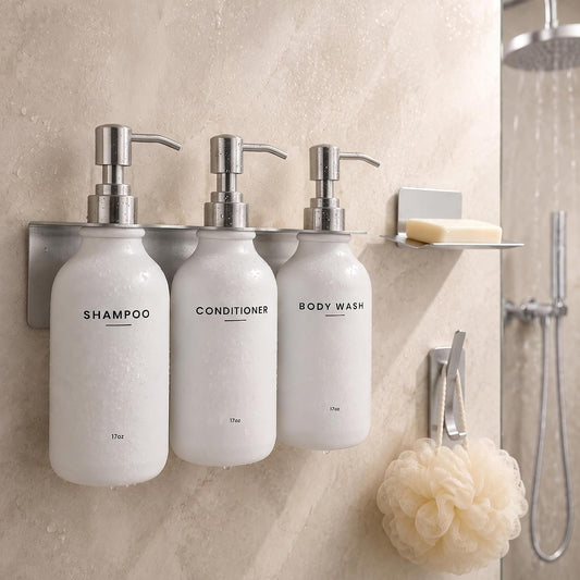 Shampoo and Conditioner Dispenser Wall Mounted Set with Hook and Soap Dish