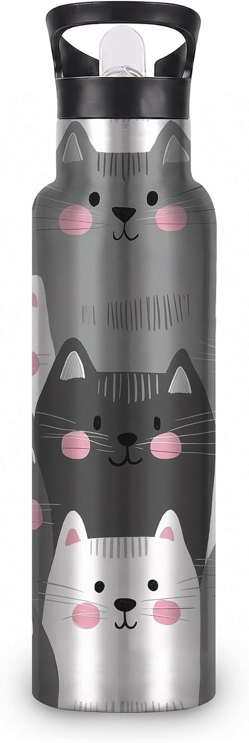 Water Bottles with Straw,Gray Cats Stainless Steel Cup Leak Resistant Double Wall Insulated Water Bottle with Handle for Gym Cycling Hiking Office 20 Oz