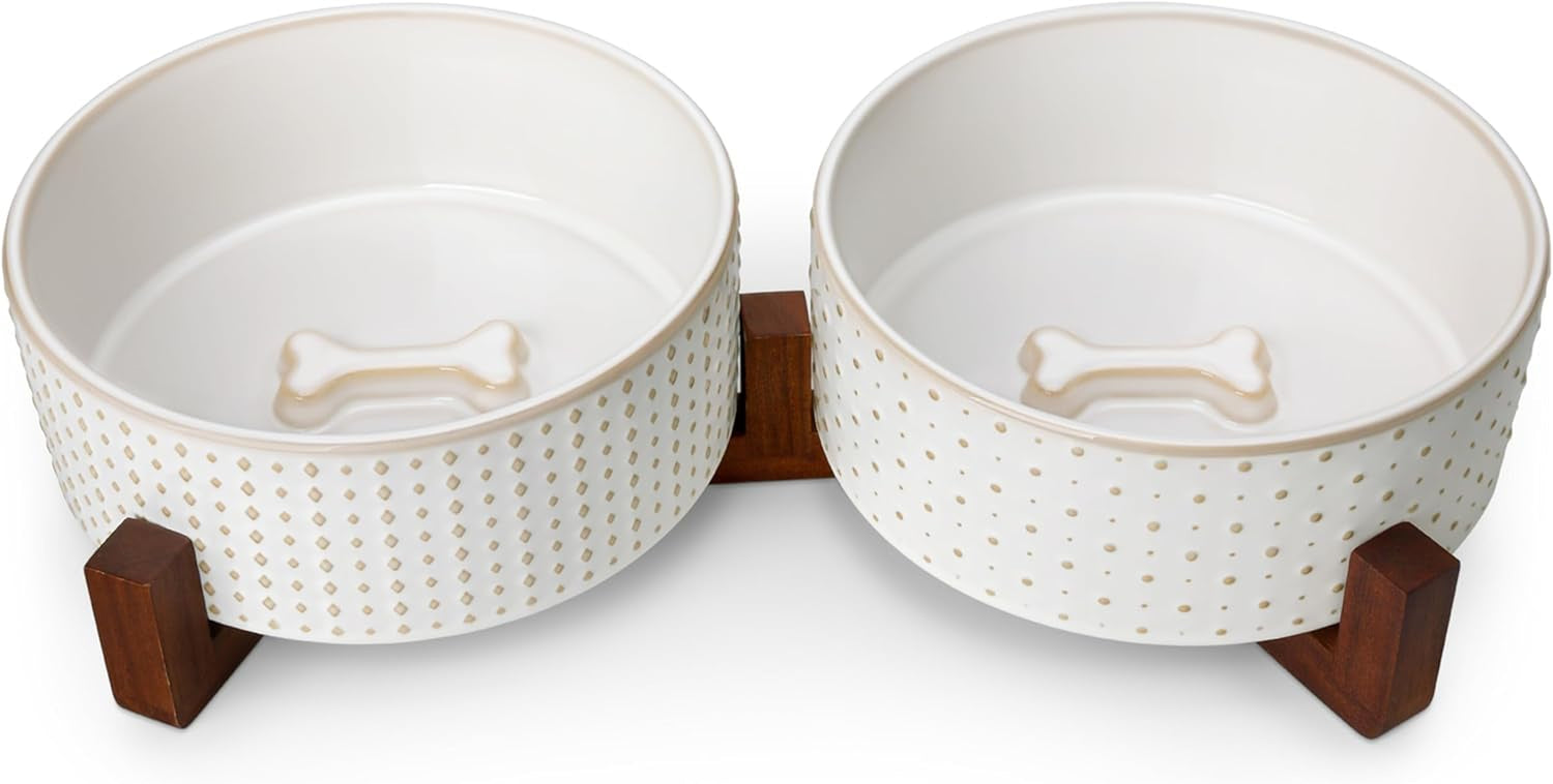 MALACASA Dog Bowl Set with Walnut Wood Stand, 6 Cups Ceramic Pet Bowls for Puppy Dogs, Dual Food and Water Bowls with Weighted Non-Slip Base, Basic Bowls for Your Dog, Rhombic & Polka Dots