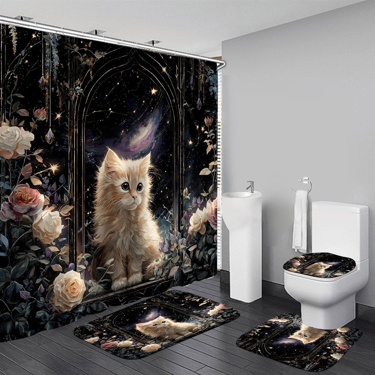 4Pcs Cat Starry Shower Curtain Sets with Non-Slip Rugs, Toilet Lid Cover and Bath Mat, Rose Pet Pattern Home Bathroom Decor Set Accessories Waterproof Shower Curtains with 12 Hooks, 72 X 72 Inch