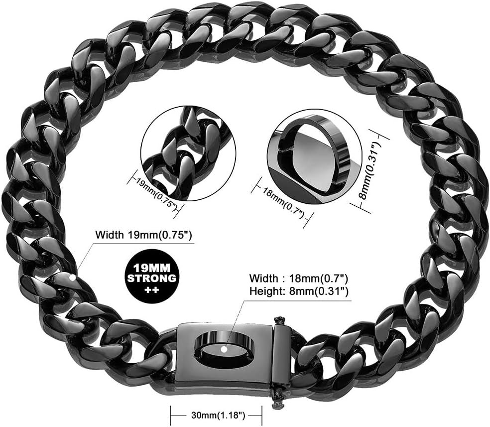 Dog Chain Collar Walking Training Collar with Design Secure Buckle 19MM Black Cuban Link Strong Heavy Duty Chew Proof Chain(19Mm, 20")