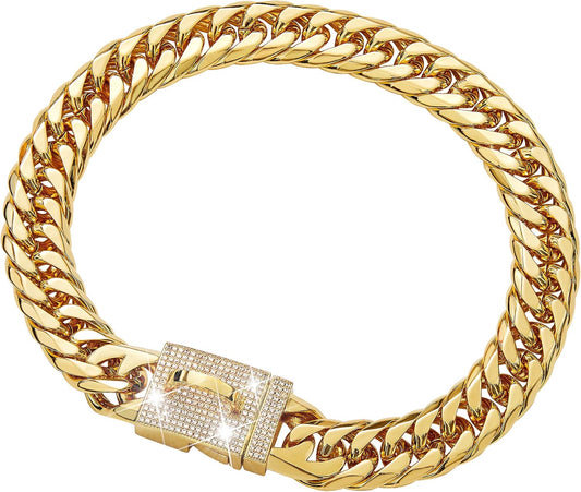 Dog Chain Collar Walking Metal Chain Collar with Design Secure Buckle, Gold Cuban Link Strong Heavy Duty Chew Proof for Small Dogs(16Mm, 12")