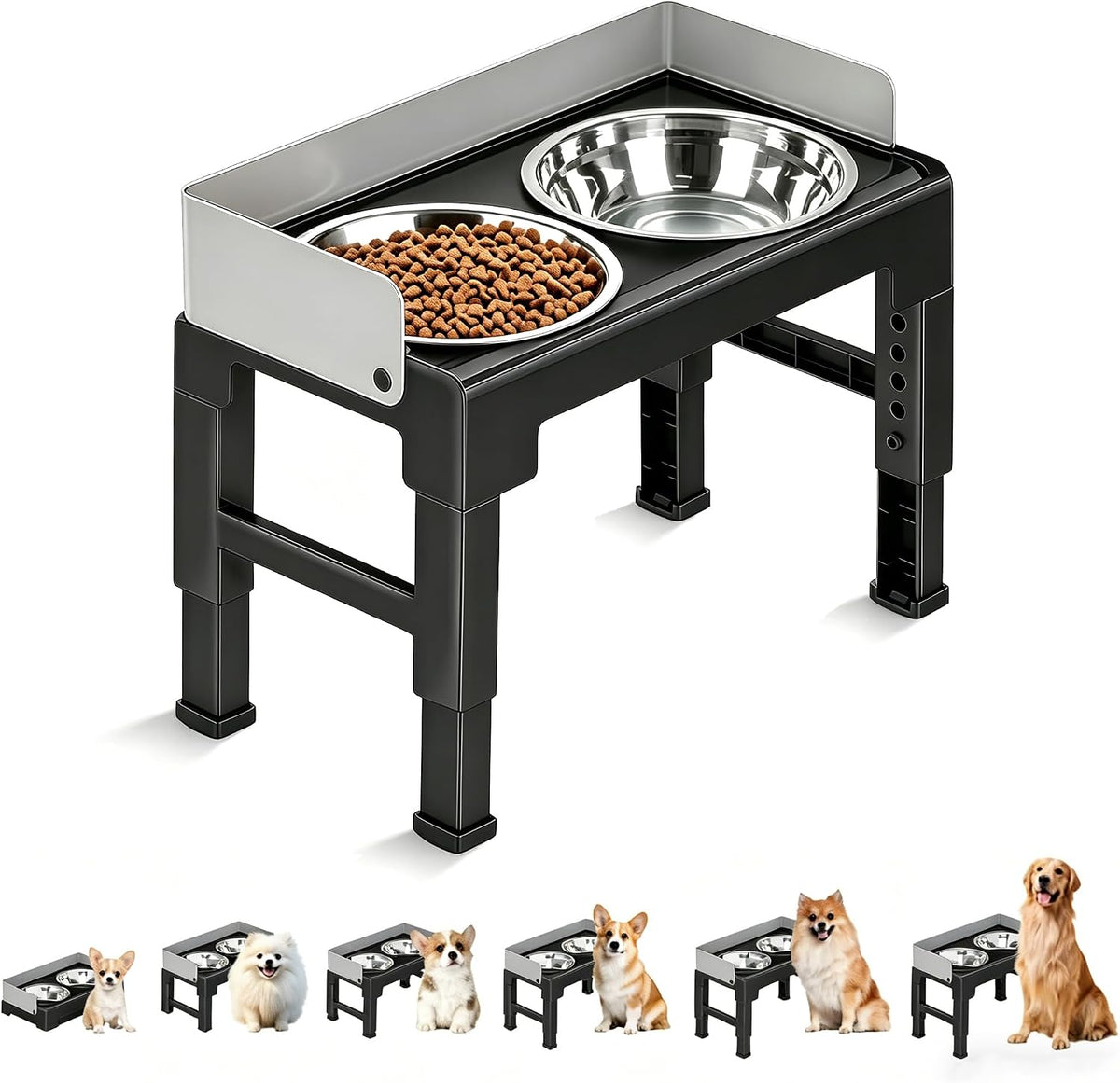 Marchul Elevated Dog Bowls, Raised Dog Food Water Bowl with 2 Thick Stainless Steel Bowls, 6 Height Adjustable, Non-Slip Stand, Spill-Proof for Medium Large Dogs (With Fence)