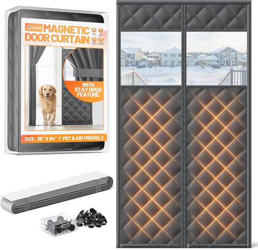 Magnetic Insulated Door Curtain Fits 36"X82" Doors - Thermal Door Cover for Winter with Clear Window, Window Insulation Kit & Doors Draft Stopper to Keep Cold Air Out for Front Doorway Home - Black