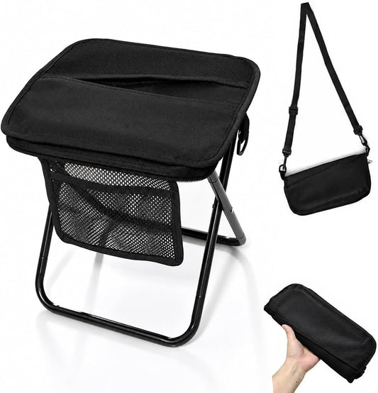 12 Inch Portable Folding Stool with Side Pockets Weight Load 220Lbs Portable Chair for Camping Fishing Hiking BBQ (Black)