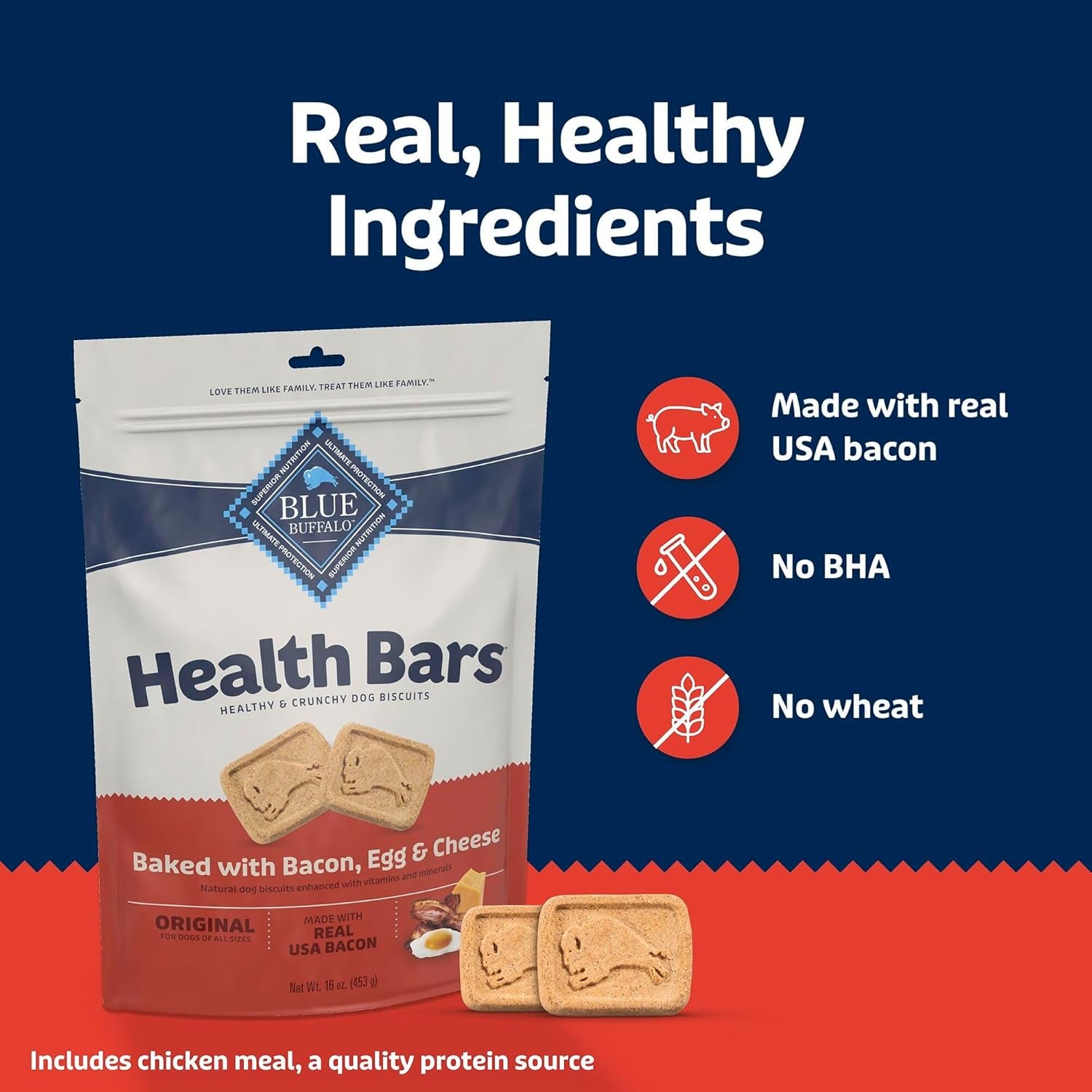 Blue Buffalo Health Bars Crunchy Dog Biscuits, Oven-Baked with Natural Ingredients, Bacon, Egg & Cheese, 16-Oz Bag