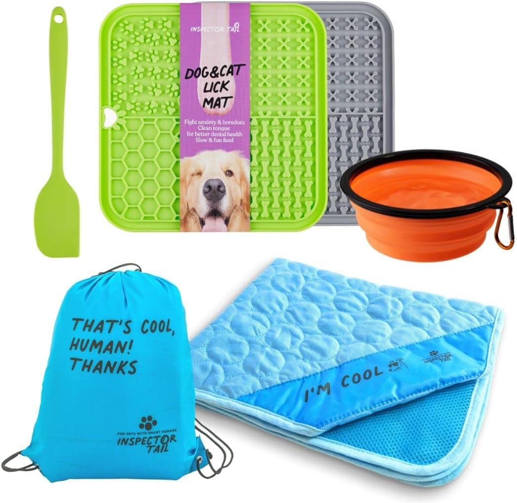 INSPECTOR TAIL Cooling Mat + String Bag + 2 Lick Mats + Collapsible Bowl + Spatula | Medium Dogs Supplies Starter Kit