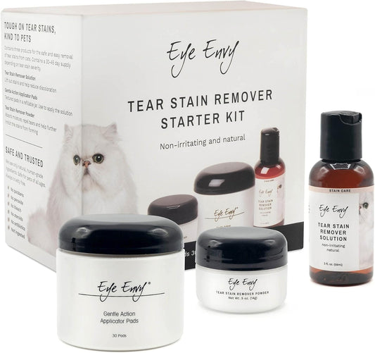 Eye Envy Cat Tear Stain Remover Starter Kit. Gentle, Natural, Safe. Contains: Stain Solution, Applicator Pads, and Stain Powder. Tear Stain Cleaning Kit. Lasts 30-45 Days. Made in USA