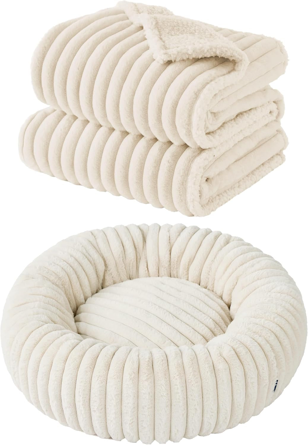 Bedsure Donut Medium Dog Bed 30X30X8 Inches with Waterproof Dog Blankets for Medium Dogs 30"X40", Cream